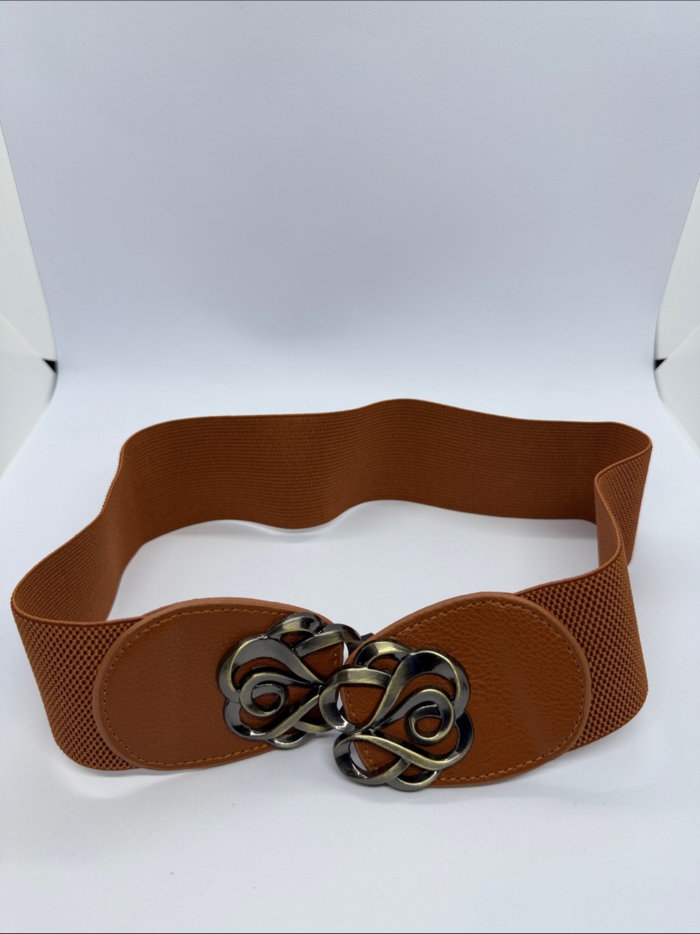 Wide Tan Elastic Women’s Waist Belt with Decorative Interlocking Buckle